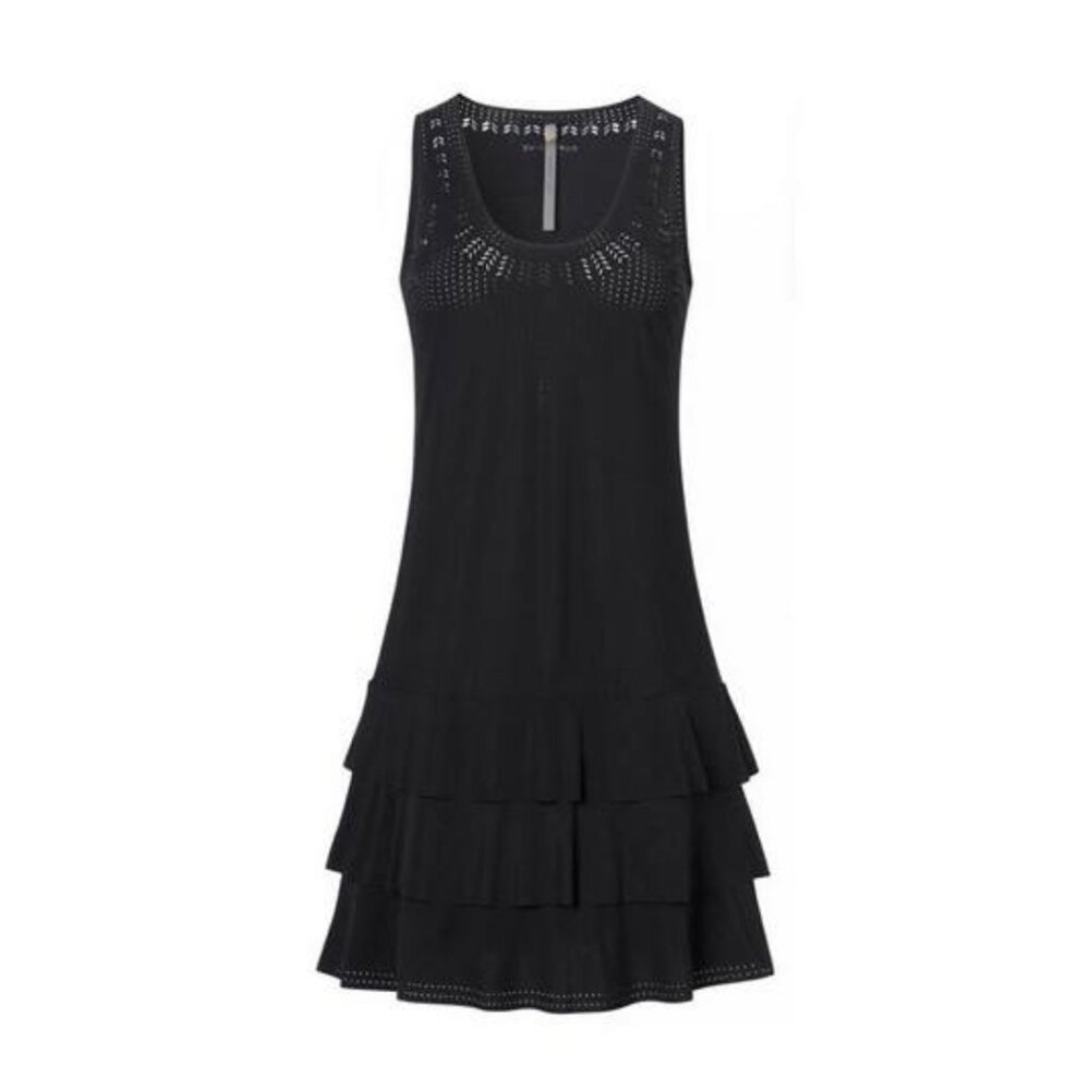 Cop Copine Black Astre Tiered Laser Cut Mini Dress Minimalist Quiet Luxury